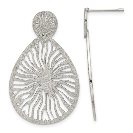 Stainless Steel Dangle Earrings, Teardrop Sunburst Cutout with Glitter Textured Finish