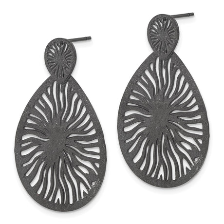Stainless Steel Teardrop Chandelier Earrings, Black Textured with Sunburst Cutout Design