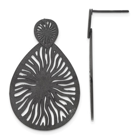 Stainless Steel Teardrop Chandelier Earrings, Black Textured with Sunburst Cutout Design