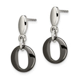Stainless Steel Drop Earrings with Black Enamel, Oval Open Hoops, Modern Geometric Style