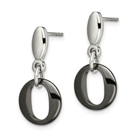 Stainless Steel Drop Earrings with Black Enamel, Oval Open Hoops, Modern Geometric Style