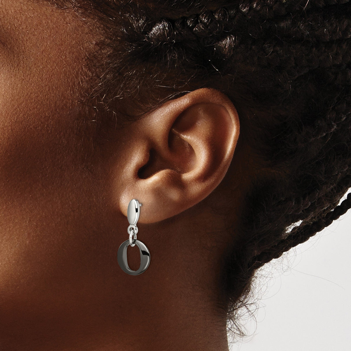 Stainless Steel Drop Earrings with Black Enamel, Oval Open Hoops, Modern Geometric Style