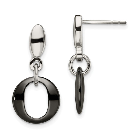 Stainless Steel Drop Earrings with Black Enamel, Oval Open Hoops, Modern Geometric Style