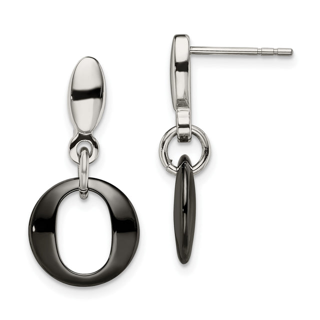 Stainless Steel Drop Earrings with Black Enamel, Oval Open Hoops, Modern Geometric Style