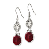Stainless Steel Dangle Earrings with Red Glass, Floral Filigree Design, Hook Style