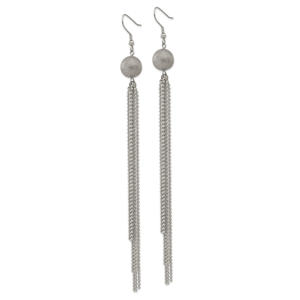 Stainless Steel Dangle Earrings with Textured Round Stud and Cascading Chain Tassels