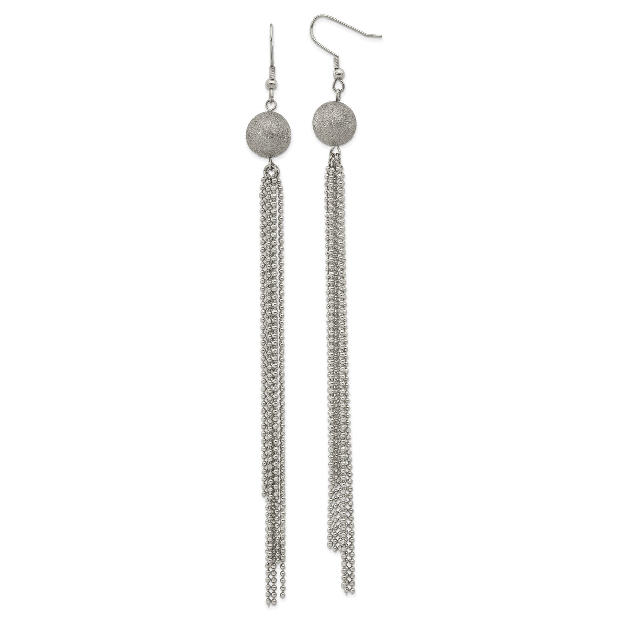 Stainless Steel Dangle Earrings with Textured Round Stud and Cascading Chain Tassels