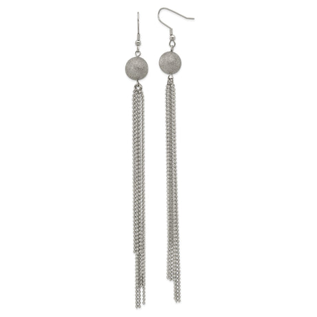 Stainless Steel Dangle Earrings with Textured Round Stud and Cascading Chain Tassels