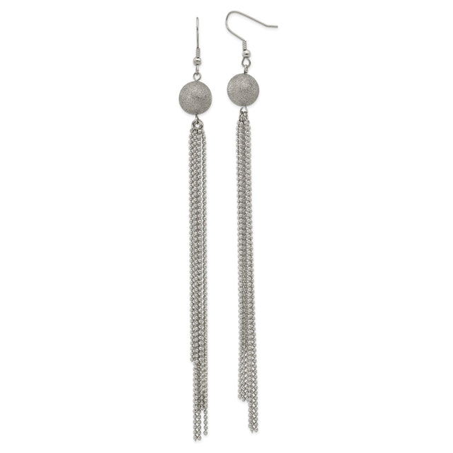 Stainless Steel Dangle Earrings with Textured Round Stud and Cascading Chain Tassels