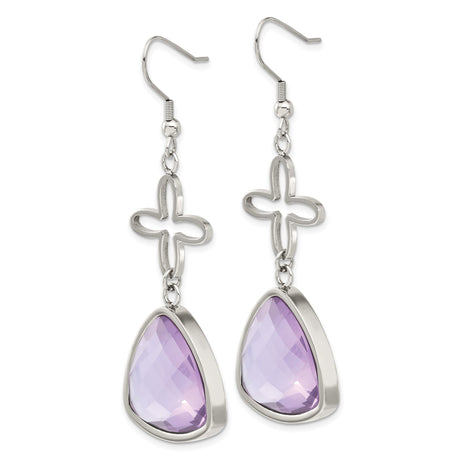 Stainless Steel Dangle Earrings with Purple Faceted Triangular Glass, Floral Abstract Cross Design