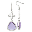 Stainless Steel Dangle Earrings with Purple Faceted Triangular Glass, Floral Abstract Cross Design