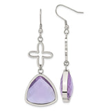 Stainless Steel Dangle Earrings with Purple Faceted Triangular Glass, Floral Abstract Cross Design