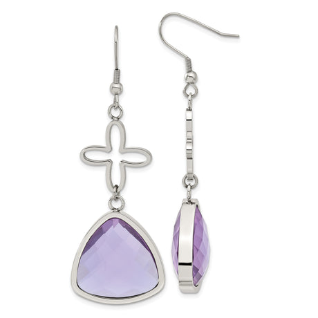 Stainless Steel Dangle Earrings with Purple Faceted Triangular Glass, Floral Abstract Cross Design