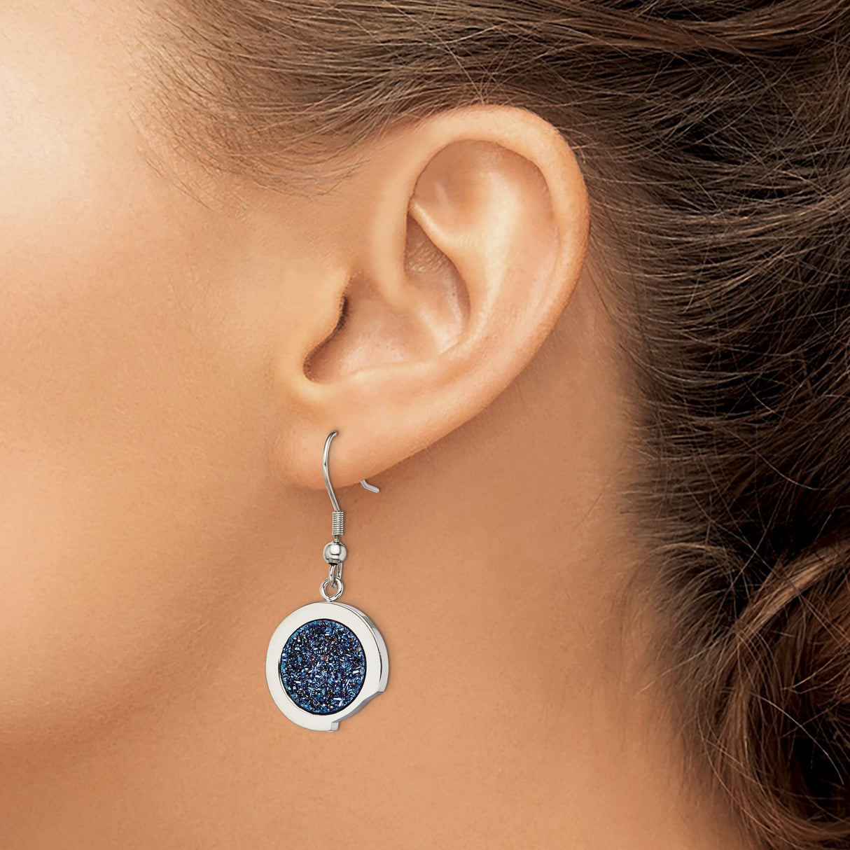 Stainless Steel Dangle Earrings with Round Blue Druzy Stone, Polished Modern Drop Design