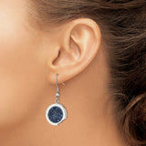 Stainless Steel Dangle Earrings with Round Blue Druzy Stone, Polished Modern Drop Design