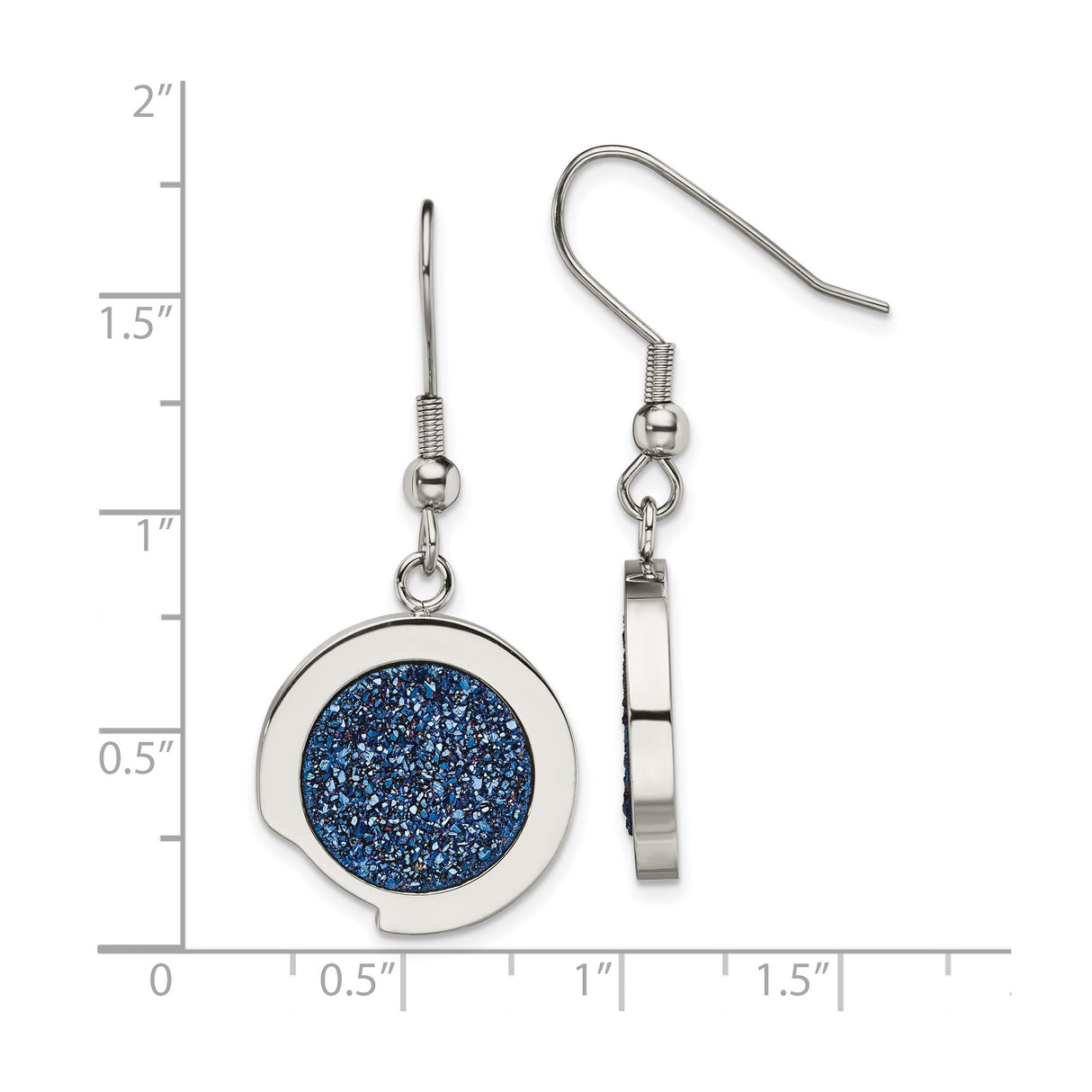 Stainless Steel Dangle Earrings with Round Blue Druzy Stone, Polished Modern Drop Design