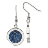 Stainless Steel Dangle Earrings with Round Blue Druzy Stone, Polished Modern Drop Design