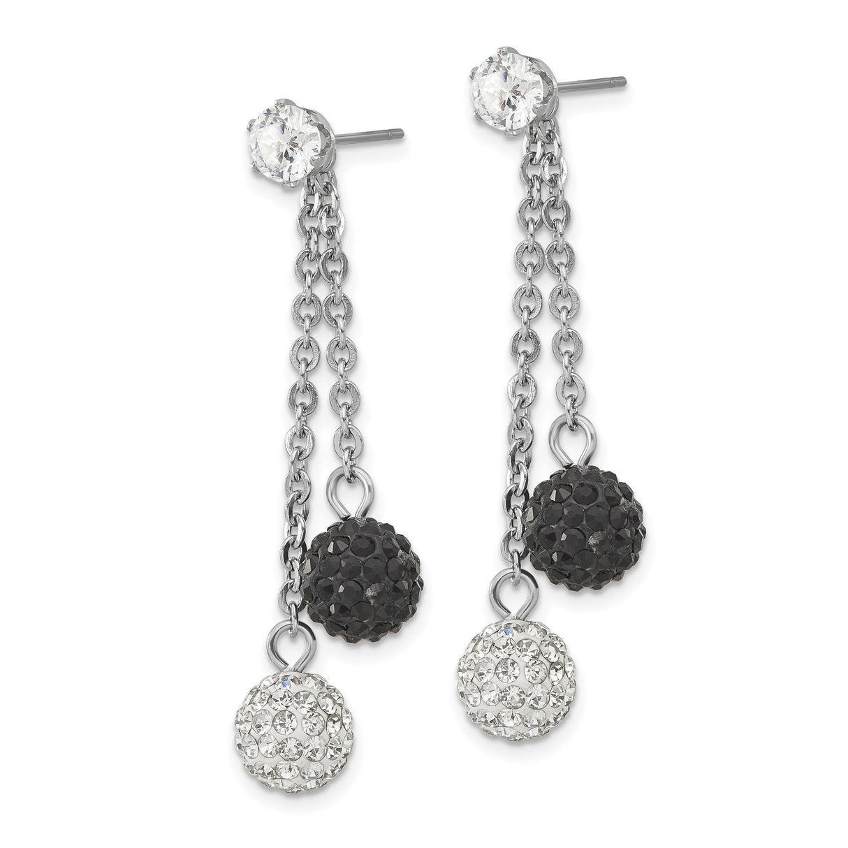Stainless Steel Dangle Earrings with Black and White Crystal Pavé Ball Charms and Drop Chains