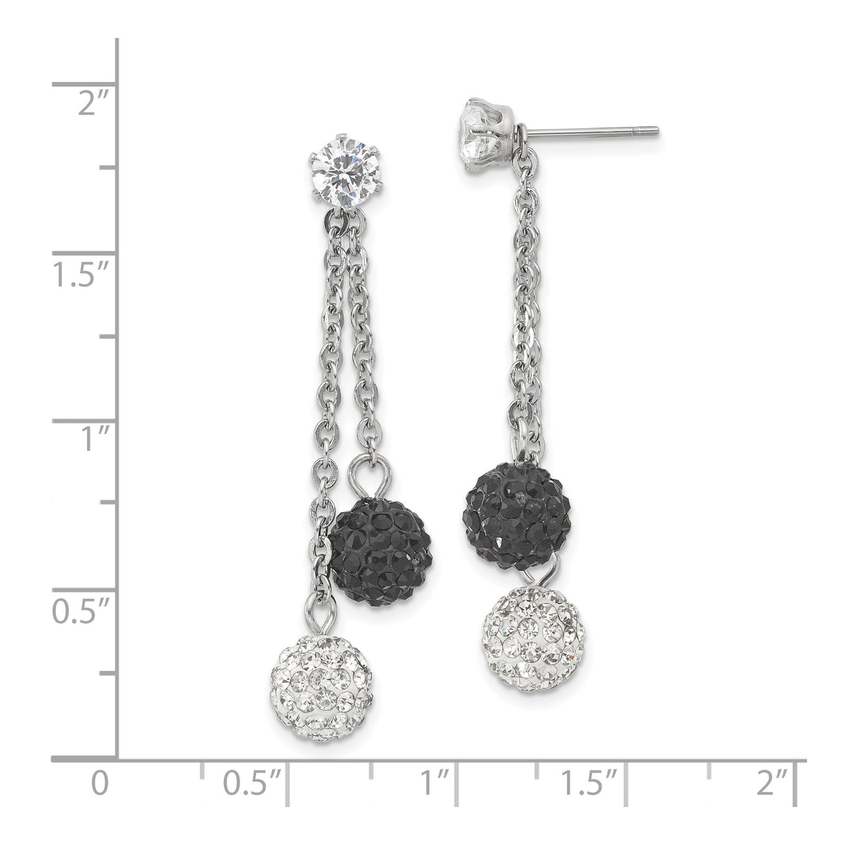Stainless Steel Dangle Earrings with Black and White Crystal Pavé Ball Charms and Drop Chains