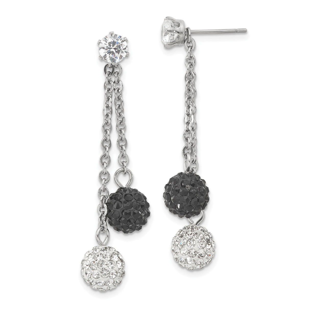 Stainless Steel Dangle Earrings with Black and White Crystal Pavé Ball Charms and Drop Chains