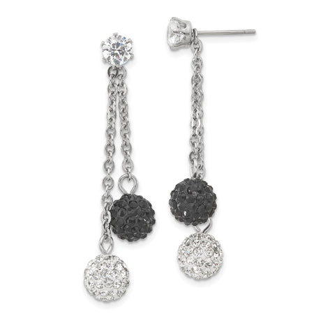 Stainless Steel Dangle Earrings with Black and White Crystal Pavé Ball Charms and Drop Chains