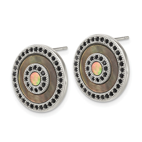 Stainless Steel Stud Earrings with Mother of Pearl and Black Crystal, Geometric Circle Design