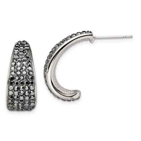 Stainless Steel Hoop Earrings with Black Crystal Pavé, Wide Tapered Statement Style
