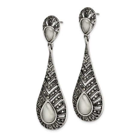 Stainless Steel Teardrop Dangle Earrings with Marcasite and Cats Eye, Art Deco Vintage Style