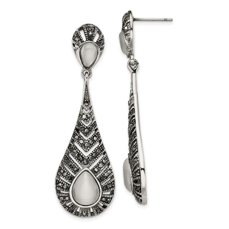 Stainless Steel Teardrop Dangle Earrings with Marcasite and Cats Eye, Art Deco Vintage Style