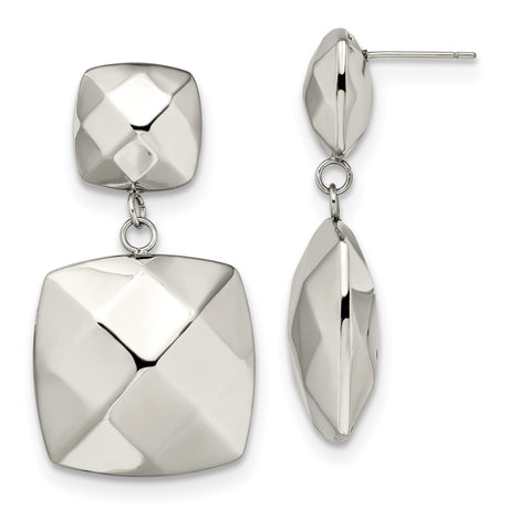 Stainless Steel Drop Earrings, Faceted Square Geometric Dangle Design, Modern Minimalist Style