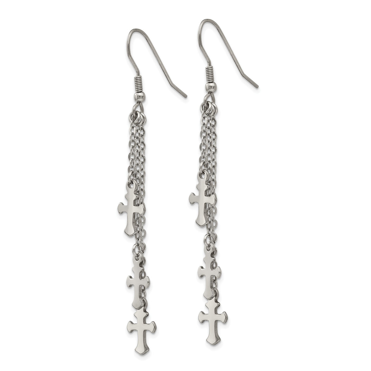Stainless Steel Cross Drop Earrings with Fine Chains and Polished Multi-Strand Pendants for Women
