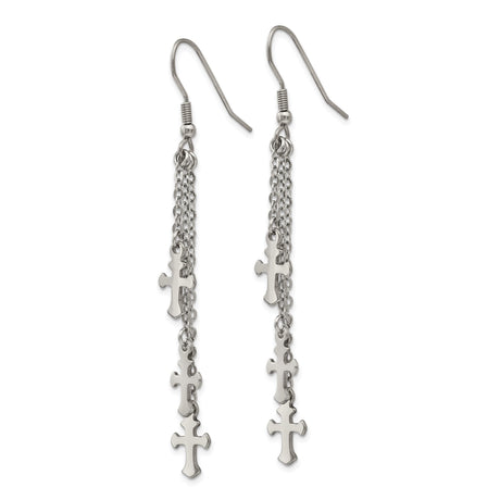 Stainless Steel Cross Drop Earrings with Fine Chains and Polished Multi-Strand Pendants for Women