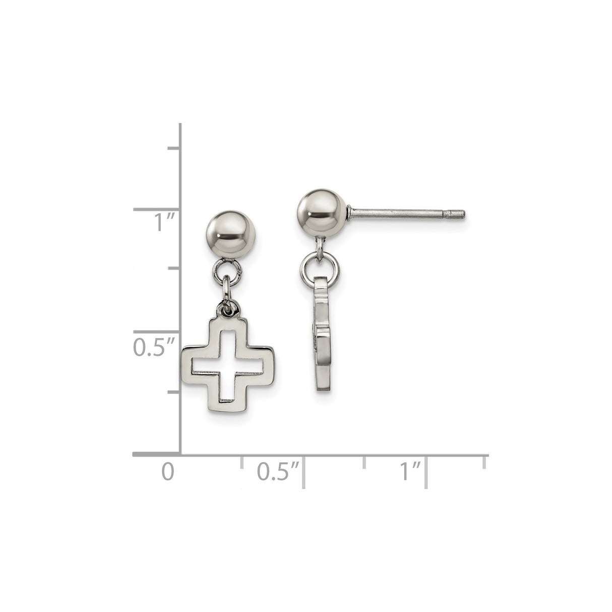 Stainless Steel Dangle Earrings with Hollow Cross Charm and Polished Sphere Design