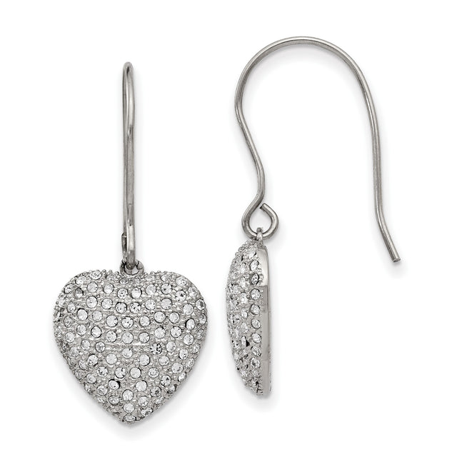 Stainless Steel Heart Dangle Earrings with Pavé Crystal Accents for Women