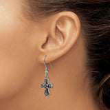 Stainless Steel Cross Earrings with Black Crystal Accents and Floral Motif
