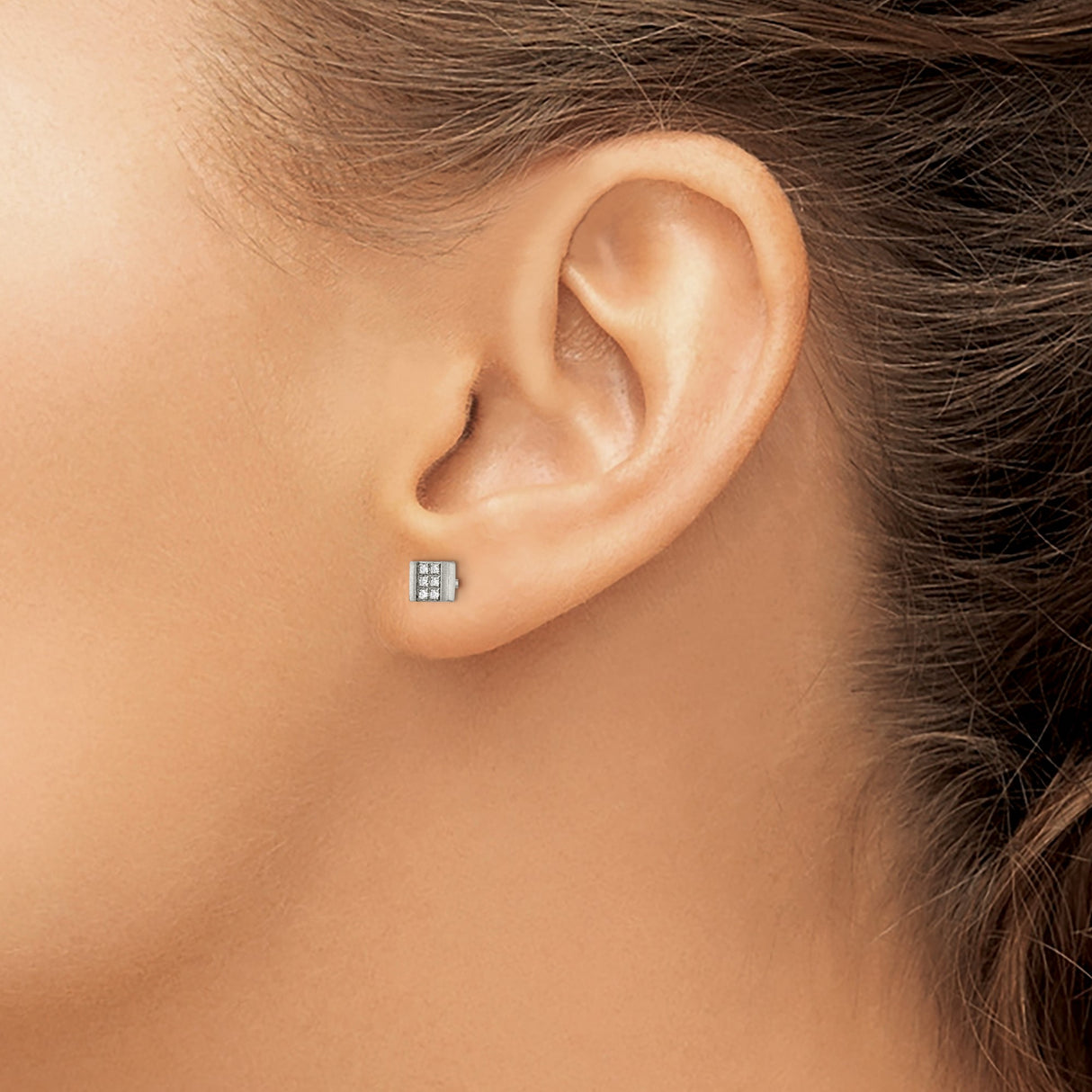 Stainless Steel Stud Earrings with Cubic Zirconia, Square Grid Design, Brushed Finish