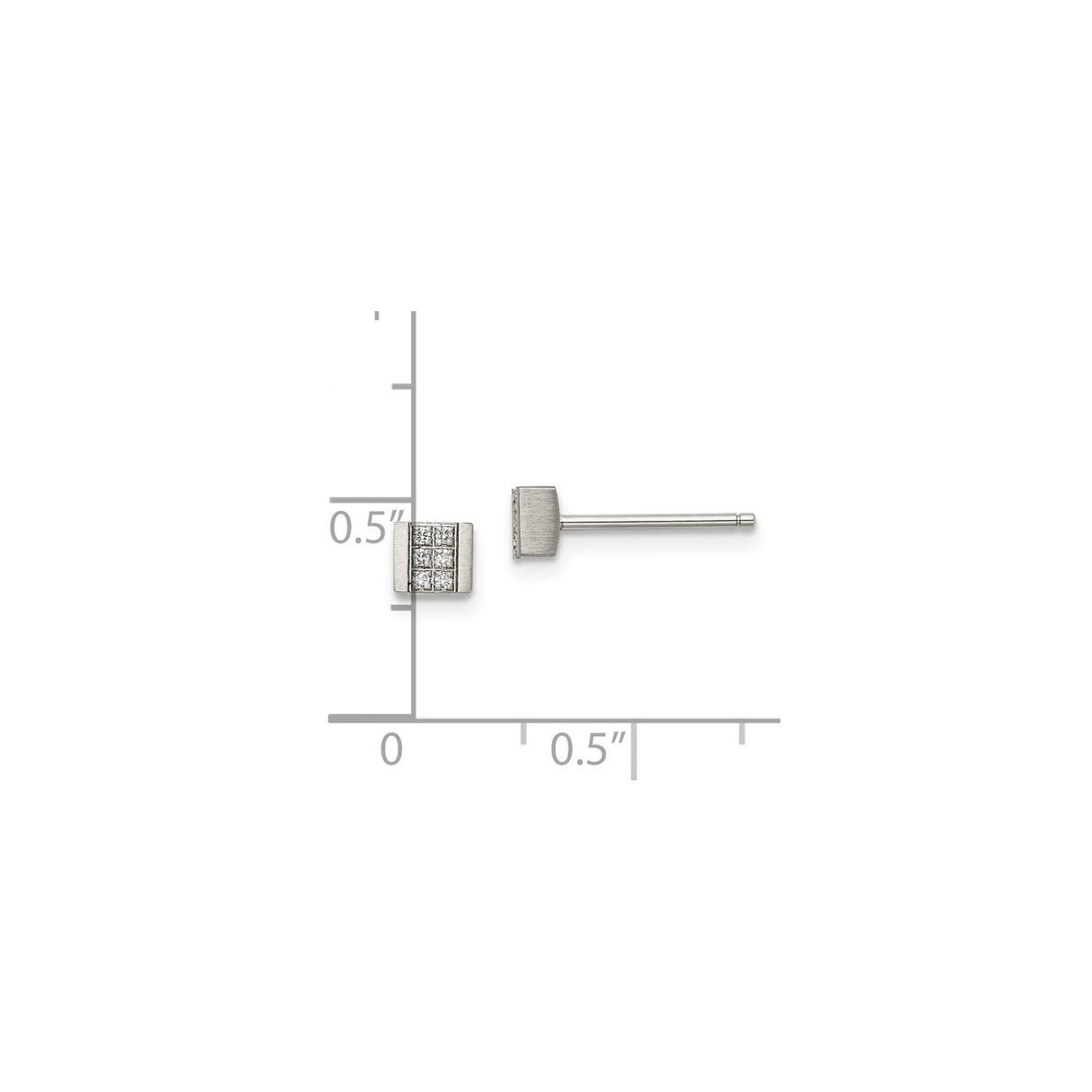 Stainless Steel Stud Earrings with Cubic Zirconia, Square Grid Design, Brushed Finish