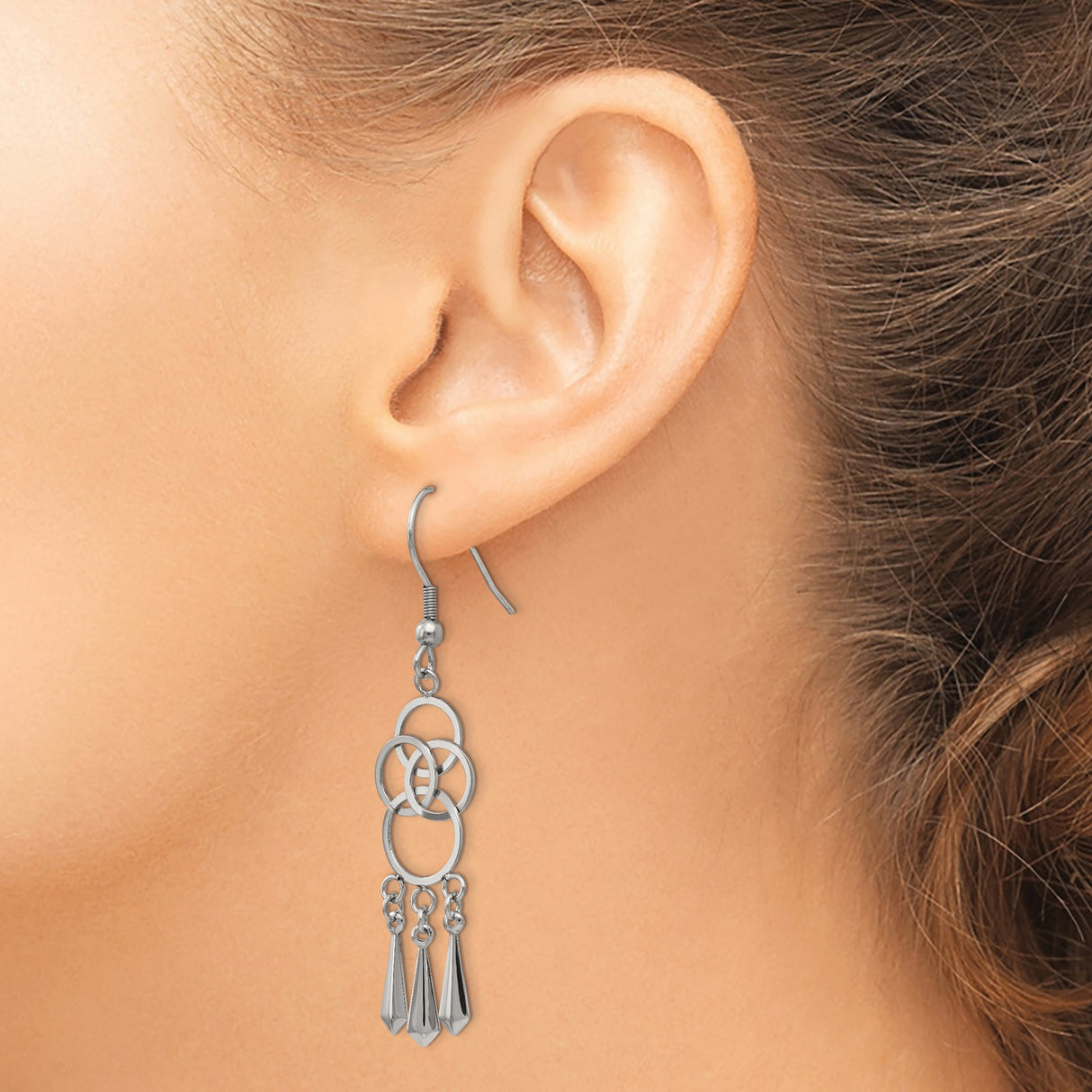 Stainless Steel Dangle Earrings with Interlocking Rings, Geometric Drop Charms, Modern Boho Style