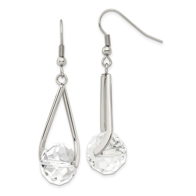 Stainless Steel Dangle Earrings with Faceted Clear Glass Beads, Teardrop Design, Nickel Free