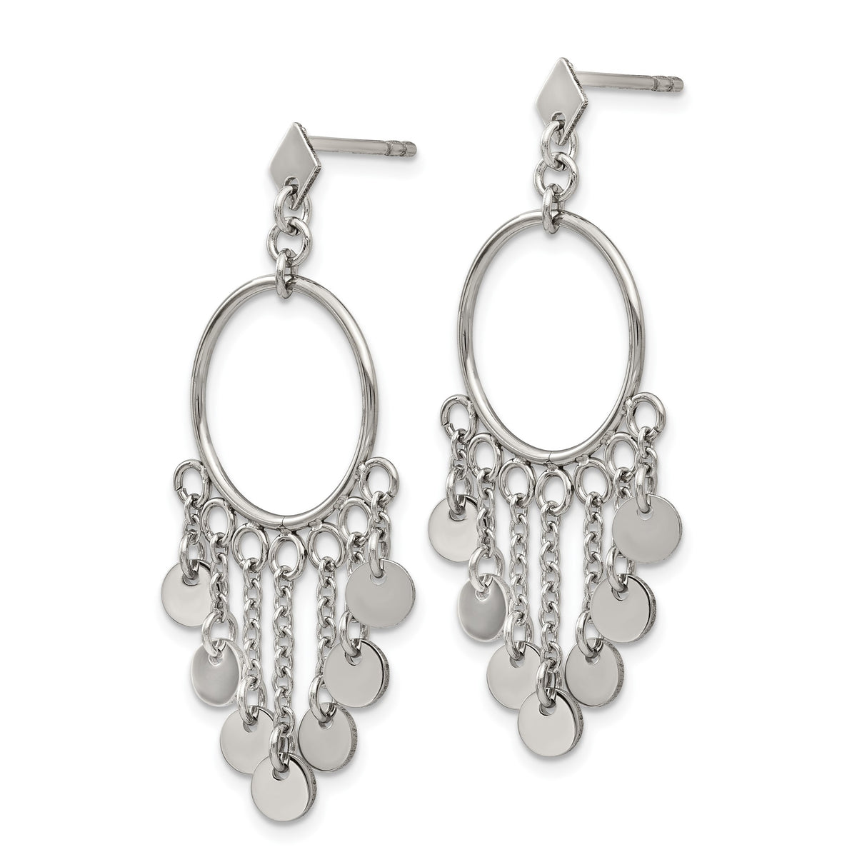 Stainless Steel Dangle Hoop Earrings with Disc Charms and Chain Accents, Modern Boho Style