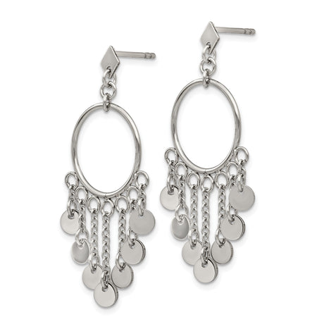 Stainless Steel Dangle Hoop Earrings with Disc Charms and Chain Accents, Modern Boho Style