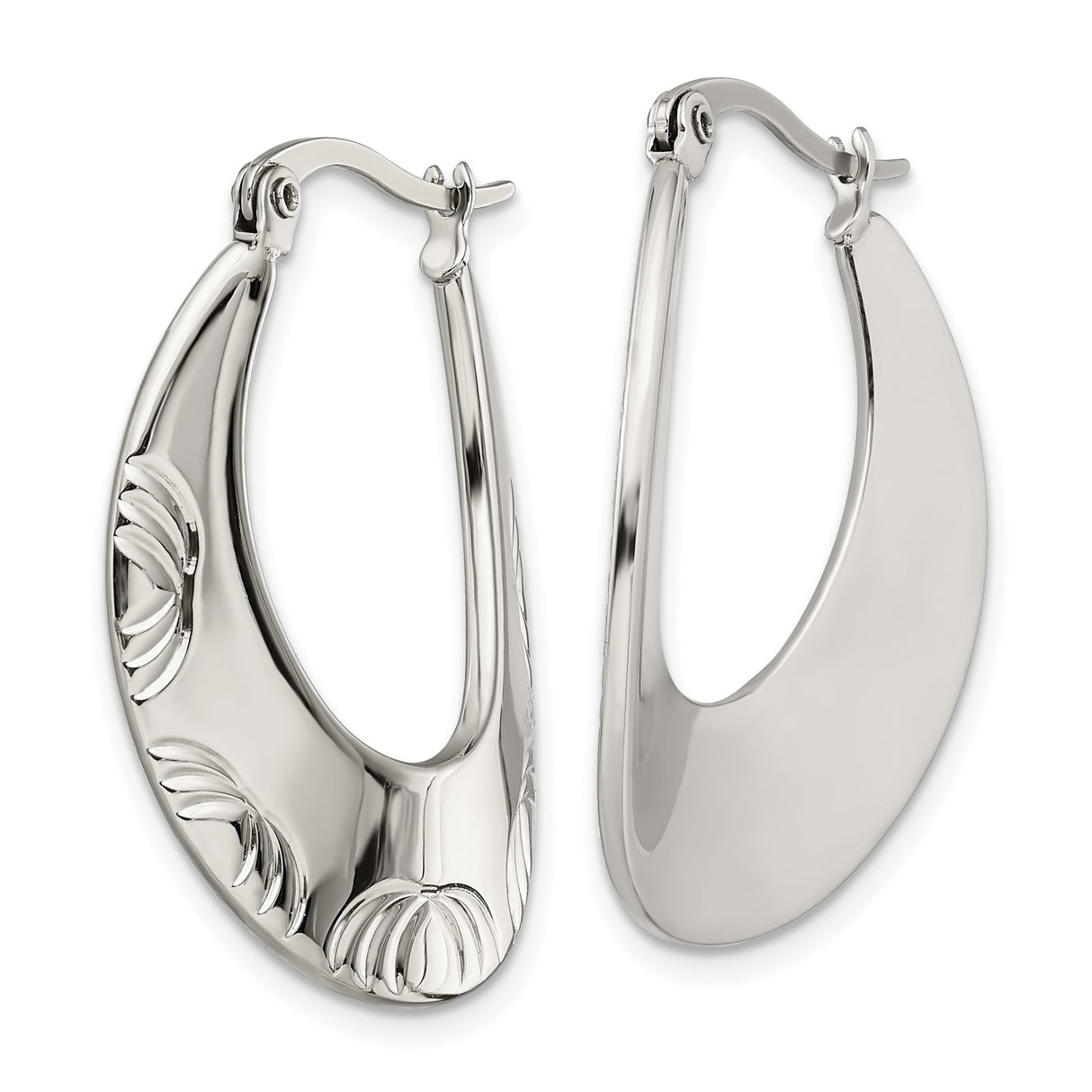 Stainless Steel Hoop Earrings, Elongated Oval with Etched Floral or Leaf Design