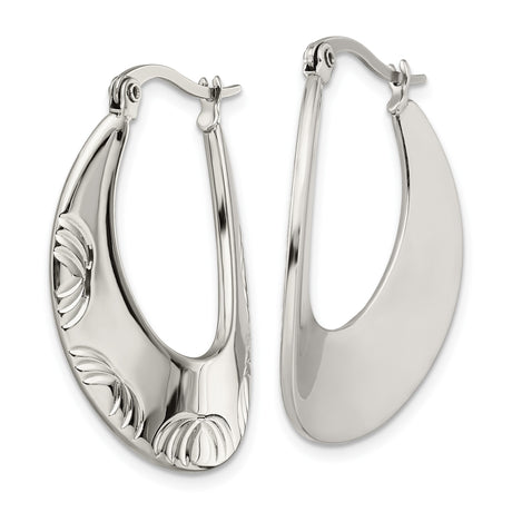 Stainless Steel Hoop Earrings, Elongated Oval with Etched Floral or Leaf Design