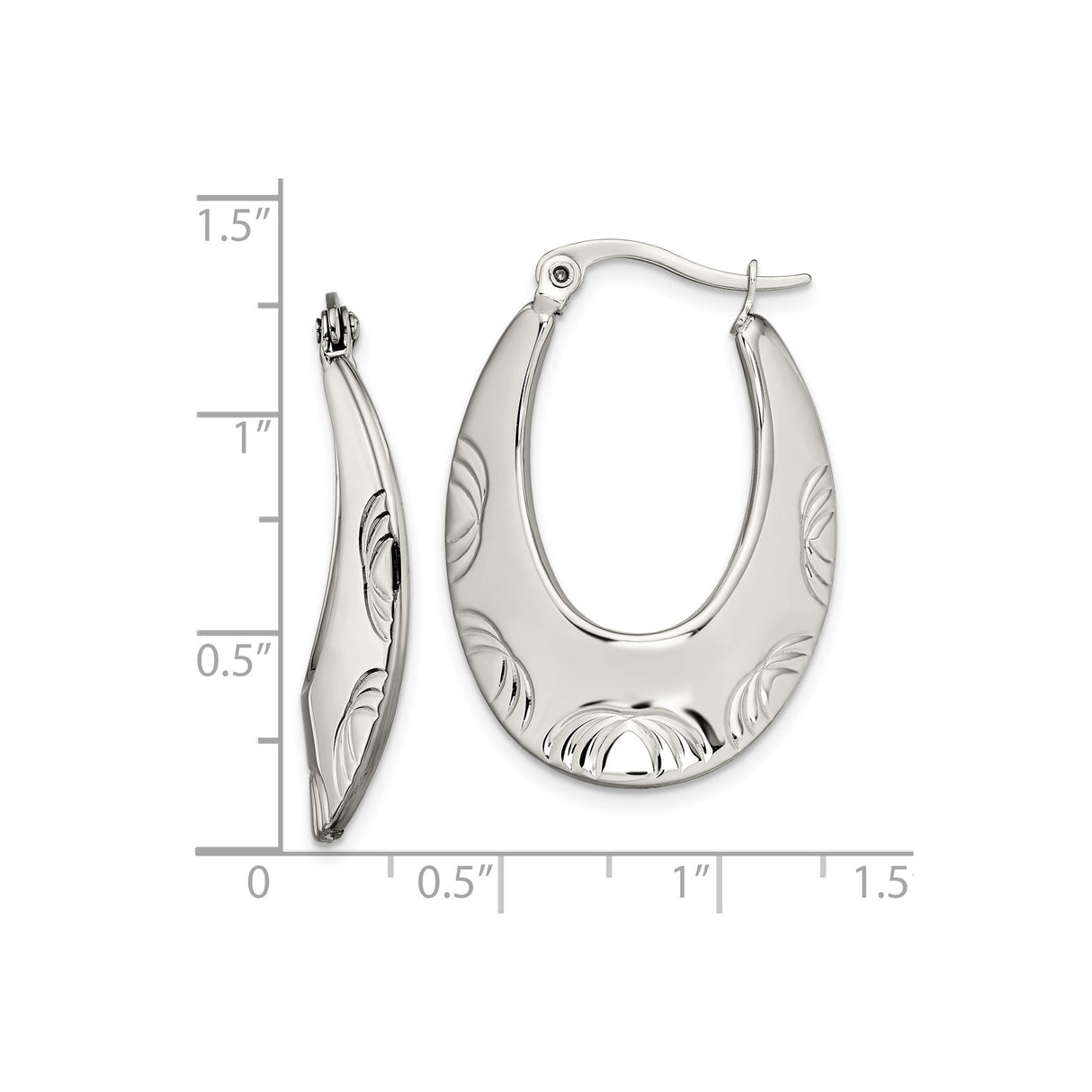 Stainless Steel Hoop Earrings, Elongated Oval with Etched Floral or Leaf Design
