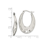 Stainless Steel Hoop Earrings, Elongated Oval with Etched Floral or Leaf Design