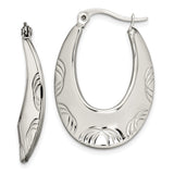 Stainless Steel Hoop Earrings, Elongated Oval with Etched Floral or Leaf Design