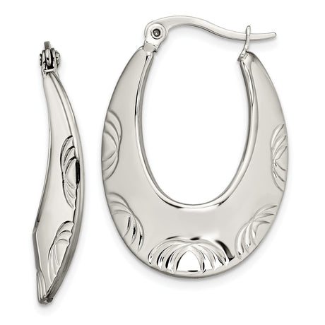 Stainless Steel Hoop Earrings, Elongated Oval with Etched Floral or Leaf Design