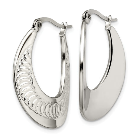 316 Stainless Steel Oval Hoop Earrings with Etched Circular Pattern and Latch Back Closure