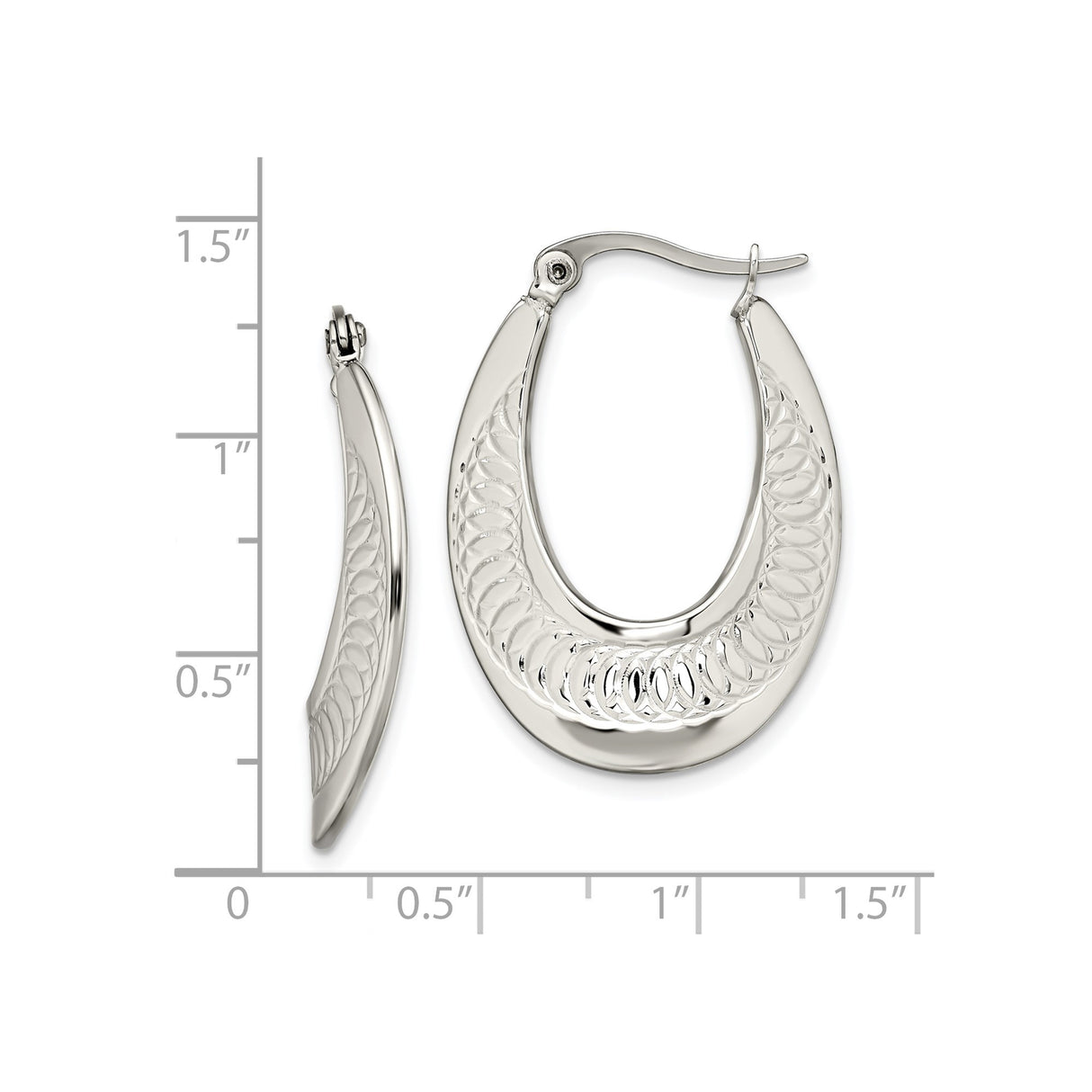 316 Stainless Steel Oval Hoop Earrings with Etched Circular Pattern and Latch Back Closure