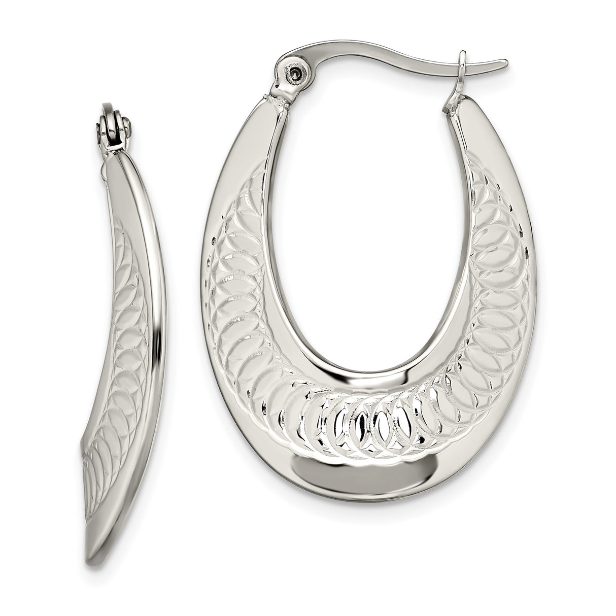316 Stainless Steel Oval Hoop Earrings with Etched Circular Pattern and Latch Back Closure